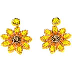 Palm Leaf Earrings Sunflower Cactus Handmade Braided Beaded Dangle Earring Bohemia Tree Seed Bead Drop Earrings Resin Bridal Plant Leaves Statement Earrings for Women Girl Boho Wedding Jewelry