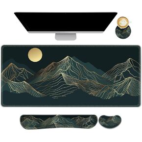 AIMSA Keyboard Mouse Pad Wrist Rest Set, Extended Desk Mat+ Ergonomic Mouse Pad with Wrist Rest+ Keyboard Wrist Rest Support+ Coaster, 35x15.7in Large Mouse Pad, Abstract Gold Sun Mountain