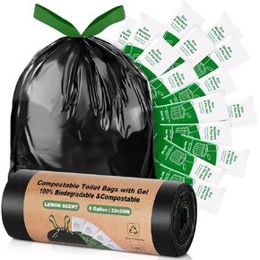 Camping Toilet Bags with Gel, 25 Drawstring Bags + 15 Poo Gel for Portable Camping Toilet, 8 Gallon Compostable Toilet Waste Bags for 5 Gallon Bucket, Hiking, Traveling, Backpacking, 10g/pack gel