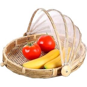 Food Serving Tent Basket - BESTCHANCEUS Hand-Woven Bamboo-Serving-Basket Dustproof-Bug-Proof Mosquitoesor Vegetable Fruits Food Meals Black Round Dia.30cm