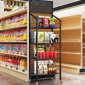 Retail Candy Snack Display Rack, 4-Tier Black Metal Storage Shelf Brackets with Wheels & Hooks Multifunctional, Home Theater Concession Stand Snack Shelf Organizer for Pantry Kitchen, Black