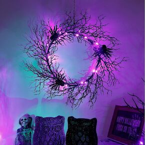 Halloween 24 Inch Black Spider Artificial Wreath with Purple Lights, Spooky Front Door Decorations for Indoor Outdoor Holiday Party