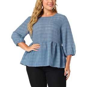 Agnes Orinda Plus Size Babydoll Blouses for Women Round Neck 3/4 Puff Sleeve Tiered Lace Peplum Tops