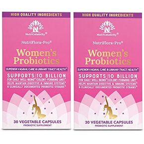 Nutricelebrity NutriFlora-Pro Probiotics for Women - Support Vaginal, Urinary Health, Immune System Digestive System Support, Cranberry Pills Supplement, 10 Billion CFU 6 Strains (30 Caps) - 2 Pack