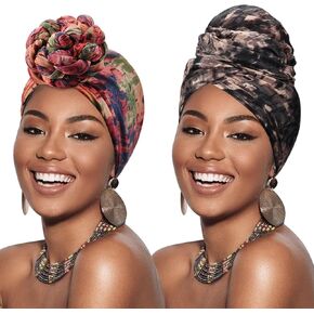 DRESHOW African Turban for Women Knotted Hairwraps for Sleeping Headwraps Ribbed Turban Stretch Jersey Head Scarf for Black Women Chemo Cancer Cap