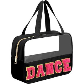 Kovewon Chenille Letter Hair Patch Makeup Bag Clear Preppy Makeup Bag with Handle and Zipper Waterproof Nylon Portable Travel Toiletry Bag for Women Black