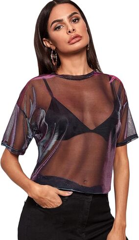 Floerns Women's Short Sleeve See Through Sheer Mesh Tee Shirt Blouse Tops in Saudi Arabia