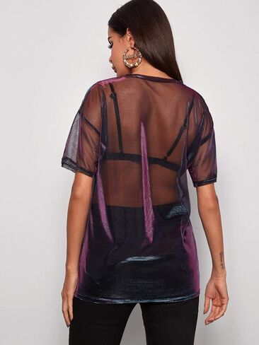 Floerns Women's Short Sleeve See Through Sheer Mesh Tee Shirt Blouse Tops in Saudi Arabia