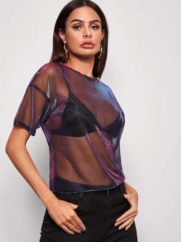Floerns Women's Short Sleeve See Through Sheer Mesh Tee Shirt Blouse Tops in Saudi Arabia