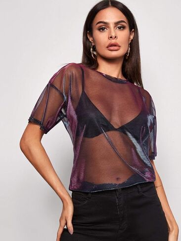 Floerns Women's Short Sleeve See Through Sheer Mesh Tee Shirt Blouse Tops in Saudi Arabia