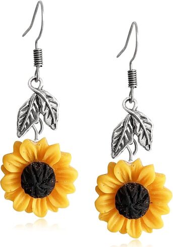 JIUIQL Handmade Resin 3D Sunflower Daisy Flower Dangle Drop Earrings Vintage Silver Leaf Bohemian Little Daisy Flower Hook Earring for Women Girls Cute Elegant Summer Boho Jewelry in Kuwait