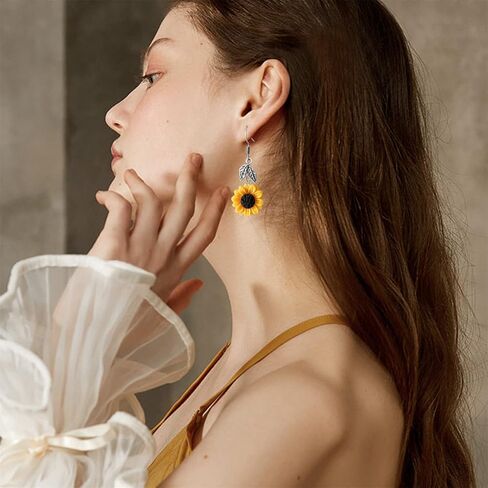 JIUIQL Handmade Resin 3D Sunflower Daisy Flower Dangle Drop Earrings Vintage Silver Leaf Bohemian Little Daisy Flower Hook Earring for Women Girls Cute Elegant Summer Boho Jewelry in Kuwait