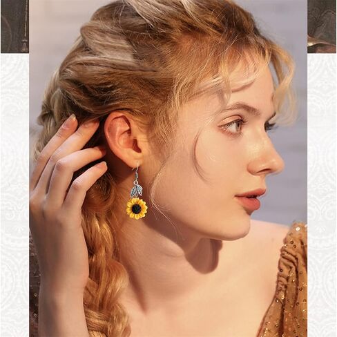JIUIQL Handmade Resin 3D Sunflower Daisy Flower Dangle Drop Earrings Vintage Silver Leaf Bohemian Little Daisy Flower Hook Earring for Women Girls Cute Elegant Summer Boho Jewelry in Kuwait