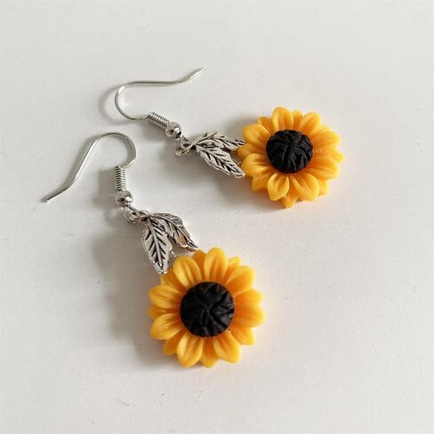 JIUIQL Handmade Resin 3D Sunflower Daisy Flower Dangle Drop Earrings Vintage Silver Leaf Bohemian Little Daisy Flower Hook Earring for Women Girls Cute Elegant Summer Boho Jewelry in Kuwait