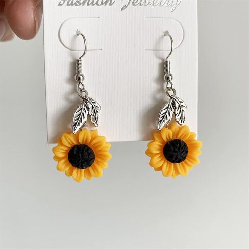 JIUIQL Handmade Resin 3D Sunflower Daisy Flower Dangle Drop Earrings Vintage Silver Leaf Bohemian Little Daisy Flower Hook Earring for Women Girls Cute Elegant Summer Boho Jewelry in Kuwait