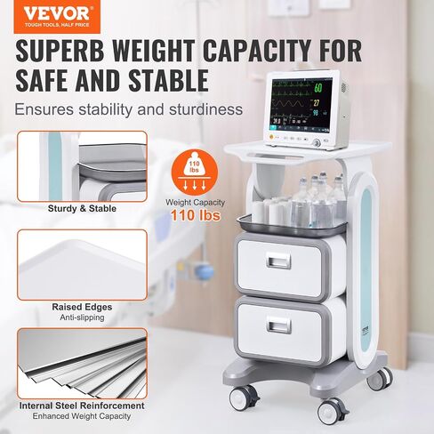 VEVOR 4 Tiers Mobile Medical Cart, Lab Carts with 3 Drawers & Top Tray, Trolley Storage Cart with ABS Material, Lab Rolling Cart with 4 Silent Wheels for Lab, Clinic, Hospital, Salon, Office, White in Kuwait