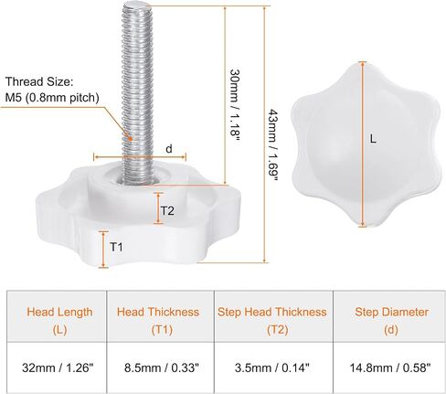 HARFINGTON 10pcs Star Knobs M5 x 20mm Male Thread 32mm Plastic 6-Point Head Stud Knob Hand Tightening Clamping Screw Replacement Threaded Handle, White in Saudi Arabia