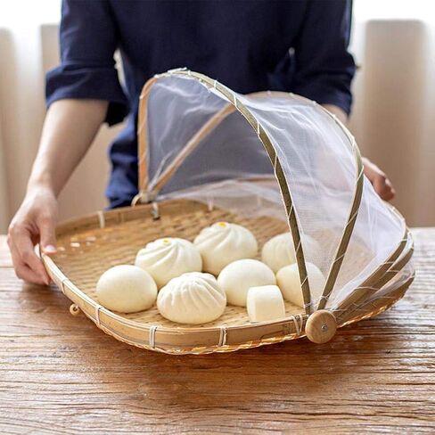 Food Serving Tent Basket - BESTCHANCEUS Hand-Woven Bamboo-Serving-Basket Dustproof-Bug-Proof Mosquitoesor Vegetable Fruits Food Meals Black Round Dia.30cm in Saudi Arabia