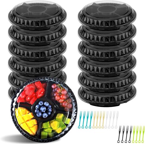 12 Pack Round Plastic Veggie Tray with Lid, Fruit Tray 6/5/3 Divided Compartment Container Food Serving Dip Platter Reusable Catering Trays for Veggie Fruit Snack Party and Buffet Trays in Saudi Arabia