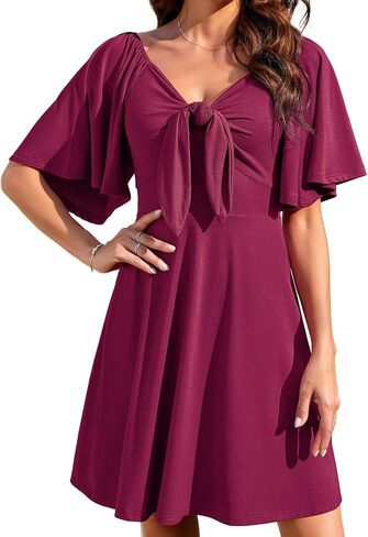 Actcat Women's Dress Deep V-Neck Elegant Bow tie Short Sleeve Mini Swing Loose Dresses in Kuwait