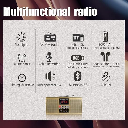 Radios Portable AM FM,Battery Powered Radio,Supports Micro SD Card/USB Flash Drive and Bluetooth MP3 Playback,Dual Speakers and Emergency Flashlight Suitable,for Home and Outdoors in Saudi Arabia