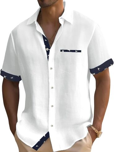 QIVICIMA Men's Hawaiian Shirt Linen Short Sleeve White Pink Sky Blue Button Down Shirt Casual Print Shirts in Saudi Arabia