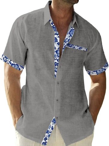 QIVICIMA Men's Hawaiian Shirt Linen Short Sleeve White Pink Sky Blue Button Down Shirt Casual Print Shirts in Saudi Arabia