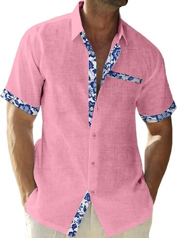 QIVICIMA Men's Hawaiian Shirt Linen Short Sleeve White Pink Sky Blue Button Down Shirt Casual Print Shirts in Saudi Arabia