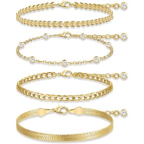 Gold Ankle Bracelets for Women, 14K Gold Cuban Link Evil Eye Anklets Set for Teen Girls Adjustable Layered Waterproof Summer Beach Anklets Foot Jewelry for Gift