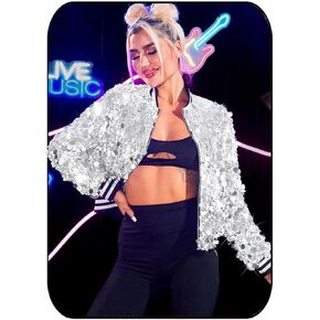 EASEDAILY Women's Sequin Jackets Sparkle Cropped Bomber Jacket Coat Zip Up Blazer Rave Outfit with Pockets