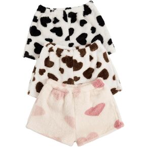 Verdusa Women's 3 Pieces Fuzzy Pajama Shorts Cartoon Graphic Flannel Sleep Shorts Pj Lounge Shorts Bottoms