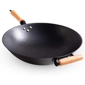 Authentic 14.2-Inch Round Bottom Cast Iron Wok - Pre-Seasoned, Non-Stick, with Wooden Lid, Perfect for Gas Stoves, High Heat Retention, for Stir Fry and Deep Frying