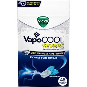 Vicks VapoCool Severe Medicated Sore Throat Drops, Max Strength Menthol, Soothes Sore Throat Pain, Winterfrost Flavor, 45ct