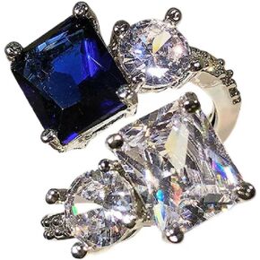 925 Sterling Silver Creative Ladies Vintage Sapphire Ice Flower Cut AAA Cubic Zirconia Ring Luxury Fashion Proposal Ring Wedding Declaration Cocktail Opening Adjustable Ring 628 (White Gold)