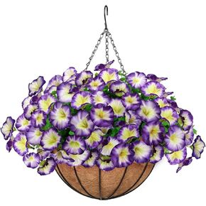 Artificial Hanging Flowers Basket, Fake Plants, Faux Silk Petunias Eucalyptus, for Spring Summer Outdoor Decoration, UV Resistant, Coconut Planter wtih Morning Glories, for Patio Garden Decor (Pruple)