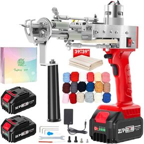 2023-Cordless-Rug-Tufting-Gun-Kit with Carpet Trimmer- Tufting-Gun-Starter-Kit-with 2pcs 2.0Ah Batteries，2 in 1 Cut Loop Pile Tufting Gun with Tufting Shears, Carpet Gun Cloth Yarn （Red 2000）