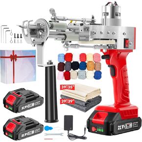 2023-Cordless-Rug-Tufting-Gun-Kit with Carpet Trimmer- Tufting-Gun-Starter-Kit-with 2pcs 2.0Ah Batteries，2 in 1 Cut Loop Pile Tufting Gun with Tufting Shears, Carpet Gun Cloth Yarn （Red 2000）