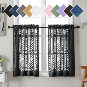 Simplebrand Black Semi Sheer Curtains 63 Inch Length 2 Panels, Light Filtering Geometric Jacquard Clip Textured Short Sheer Curtains for Bedroom，Modern Elegant Window Curtains Drapes，42x63 inch