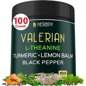 5in1 Valerian Root Capsules 5150mg Plus L-Theanine, Lemon Balm, Turmeric and Black Pepper Extract for Relaxation, Restful Night, Digestion & Immune Support - 100 Count