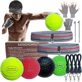 Boxing Reflex Ball Headband Set for MMA Boxing Reaction Training 4 Different Levels Balls+2 Sweat Absorbing Headbands+4 Iron Buckle+4 Spare Lines+2 Spare Needle+2 Gloves for All People