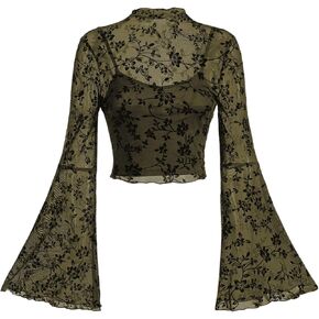 Verdusa Women's Floral Print Y2K Mesh Top Mock Neck Flounce Long Sleeve Crop Tee Top