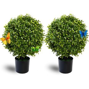 Artificial Boxwood Topiary Ball Tree 20.47" Tall Set of 2 simulated potted plants and 12 simulated butterflies ,Suitable for indoor outdoor home garden potted bushes UV protection potted plants (Red)