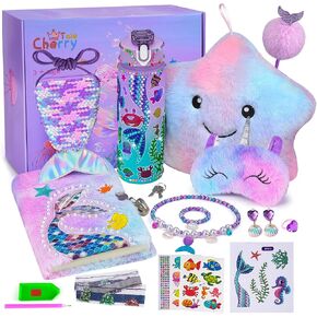 Mermaid Gifts for Girls Age 4 5 6 7 8 9 10, Girls Mermaid Birthday Gifts Set with Light Up Star Pillow Diary Plush DIY Water Bottle Kits Christmas Presents Toys