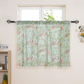 Floral Linen Valance Vintage Leaves and Flower Print on Green Kitchen Window Curtain Valances Rod Pocket Rustic Country Valances with Tassel, One Panel, 54 x 16 Inch