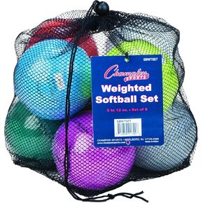 Champion Sports Weighted Training Softball Set - Rubber Cork Core - Leather Cover - Set of 8 Balls - Graduated Weights - 5 to 12 oz - 12 Inch Diameter