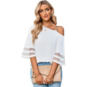 Flygo 2023 Women Summer Solid Color Loose Fitting Chiffon Blouse 3/4 Bell Sleeve Flowy Shirts Dressy Casual Cute Summer Tops