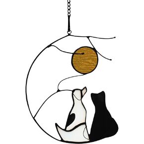Orange Tabby Cat On Moon Stained Glass Window Hangings,Tabby Cat Decoration suncatcher Hanging Ornament Gift for Mom,Cat Memorial Gifts for Cat Lovers, Pet Loss Sympathy Gift (Yellow)