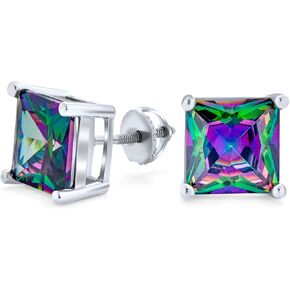 Round Black Mystic Rainbow Cubic Zirconia Solitaire CZ Stud Earrings For Women .925 Sterling Silver Screw Back 5 6 7 8 9 MM