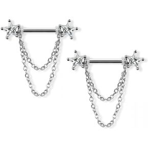Pierced Owl 14GA 316L Stainless Steel CZ Crystal Stars with Double Dangling Chains Nipple Barbells, Sold as a Pair