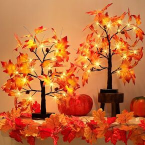 EAMBRITE Lighted Maple Tree Fall Decor, Fall Tree with Lights Thanksgiving Decorations,24 LED 2 Ft Artificial Tree USB/Battery Operated Centerpiece Table Decorations for Autumn Harvest Home (2 Pack)